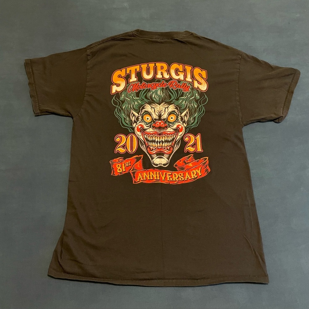 Sturgis Motorcycle Rally 2021 81st Anniversary Black  T-shirt  size Large Clown